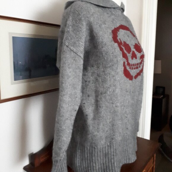 Skull Cashmere/Wool Sweater Hoodie - Sz. Medium - Grey with Burgundy red Skull - Picture 3 of 5